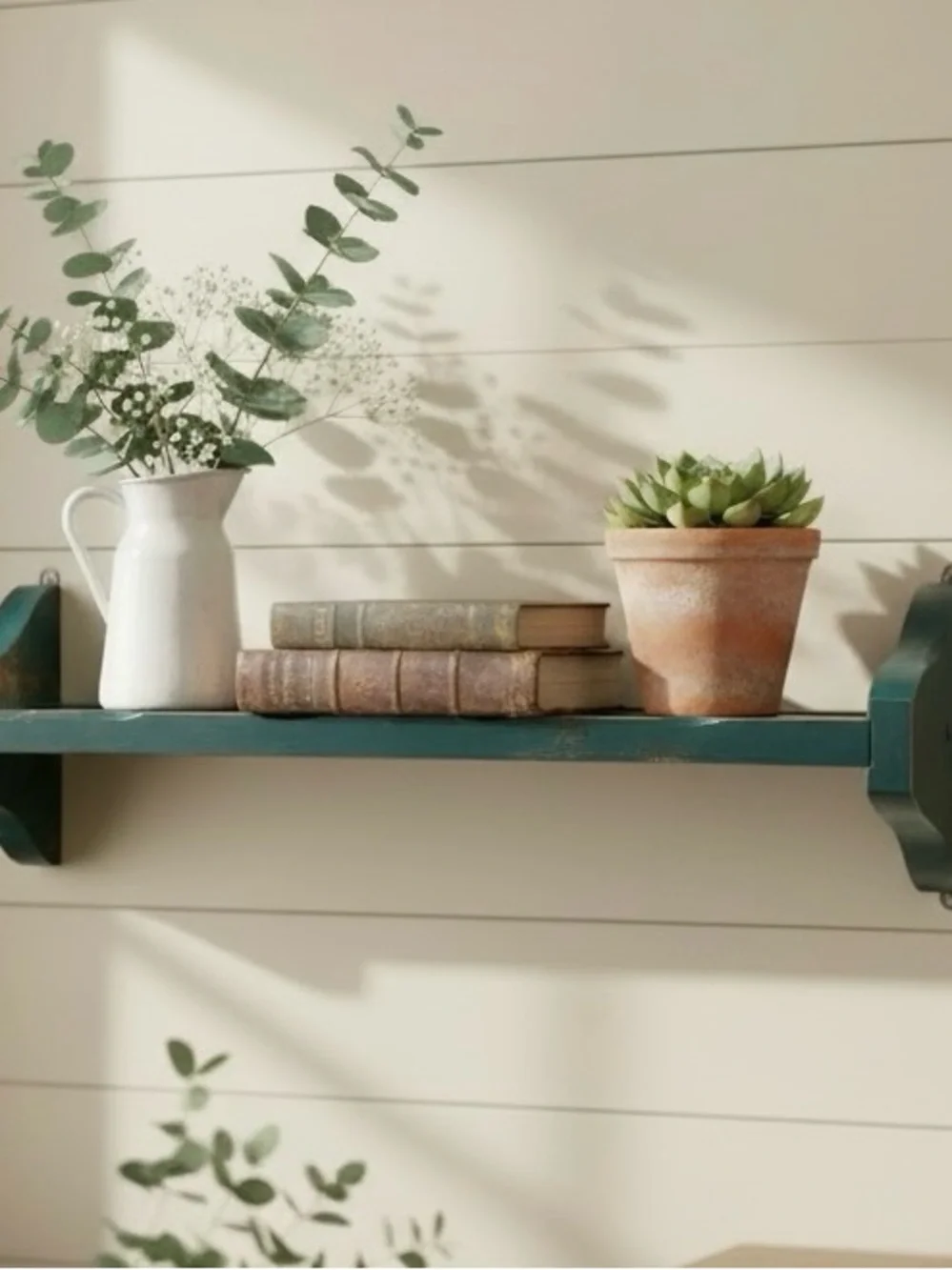 Vintage Wall Shelf w Plate Grove Green Distressed Wood Display Farmhouse Country